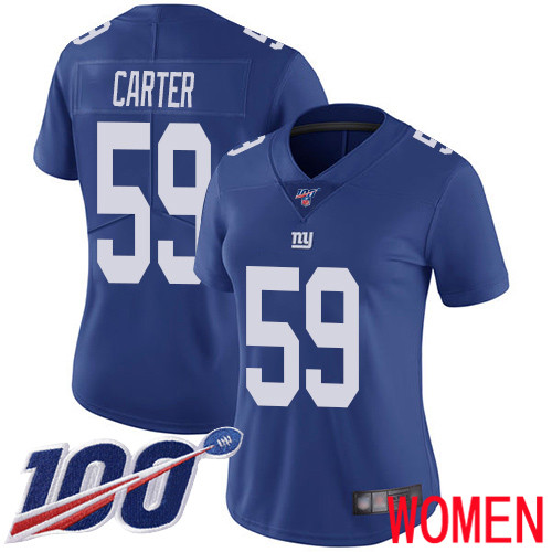 Women New York Giants 59 Lorenzo Carter Royal Blue Team Color Vapor Untouchable Limited Player 100th Season Football NFL Jersey